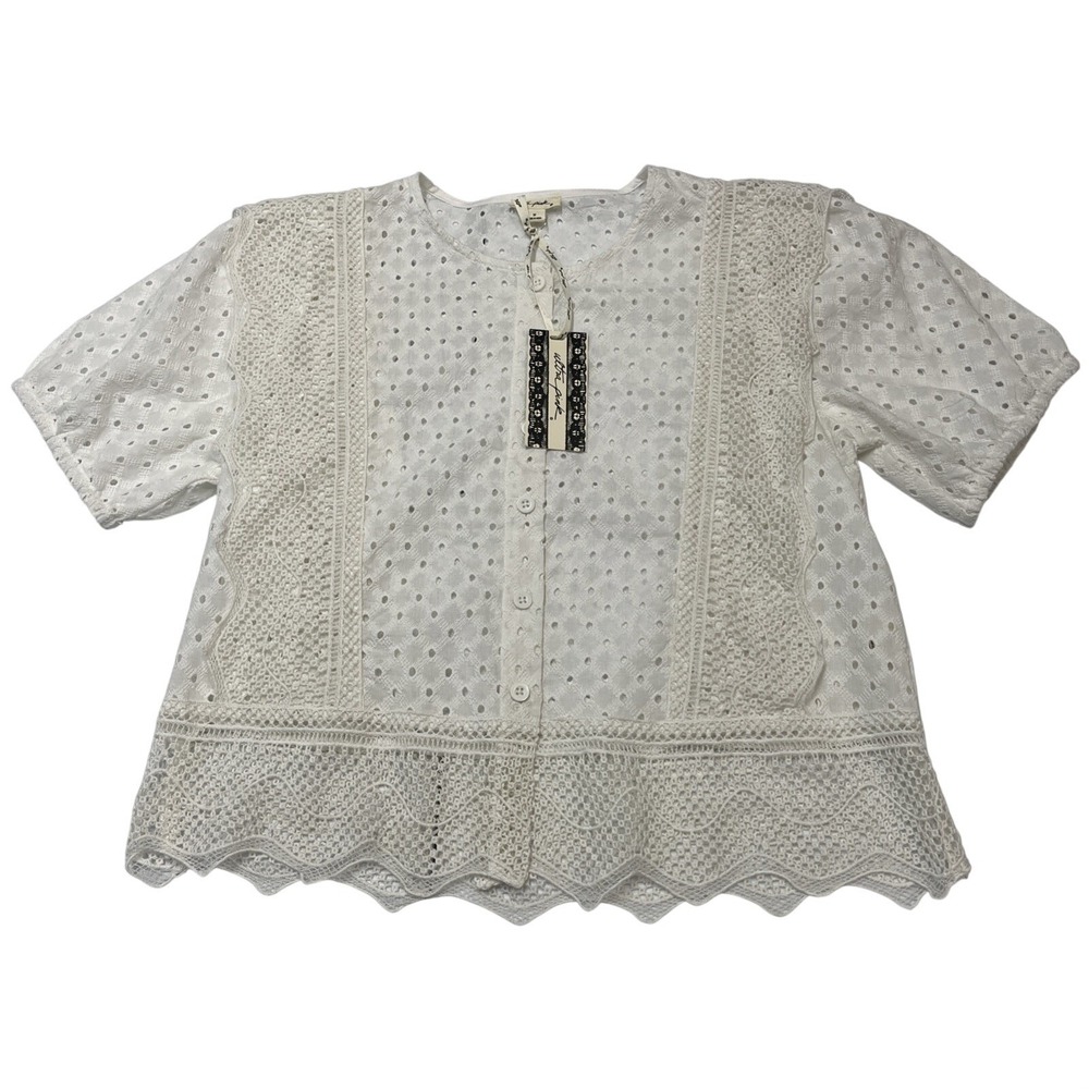 White Eyelet Top Button Up Blouse Sheer Ruffle Puff Sleeve M Feminine Romantic